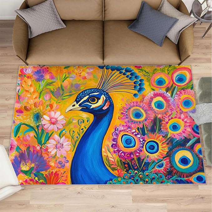 Peacock Rugs for Living Room - 6x9 Rug, Boho Floral Botanical Area Rugs for Bedroom, Wonderful Peacock Rug, Peafowl Washable Carpet, Floral Animal Carpet - Peafowl Home Decor & Gifts