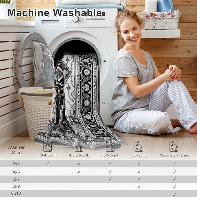 6x9 Black Grey Area Rug for Living Room, Machine Washable Rugs with Non-Slip Backing for Bedroom, Vintage Medallion Carpet Dining Room Office Kids Room Decor