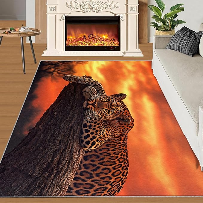 5x8 Sunrise Leopard Kids Rug - Sunset African Savanna Dining Room Rug, Wild Animal Area Rugs Indoor Modern Rugs for Bedroom Hardwood Floors Teen Room