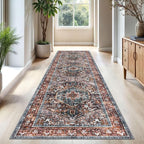 KOZYFLY Area Rug 3x10 Ft Washable Boho Runner Rug for Entryway Hallway Indoor Printed Faux Wool Carpet for Bedroom Kitchen Hall, Brick Red/Orange/Green