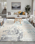 Washable Abstract Rug, 6x9 Ivory and Aqua Floral Area Rugs with Non-Slip Rubber Backed for Living Room, Low Pile Modern Throw Carpet Bedroom Dining Room Decor