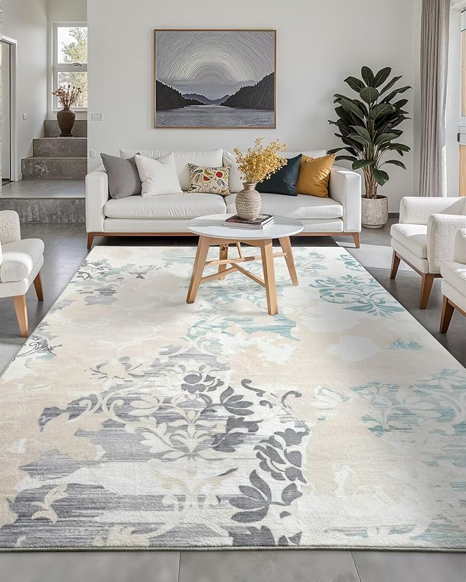 Washable Abstract Rug, 6x9 Ivory and Aqua Floral Area Rugs with Non-Slip Rubber Backed for Living Room, Low Pile Modern Throw Carpet Bedroom Dining Room Decor