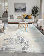 Washable Abstract Rug, 8x10 Ivory and Aqua Floral Area Rugs with Non-Slip Rubber Backed for Living Room, Low Pile Modern Throw Carpet Bedroom Dining Room Decor