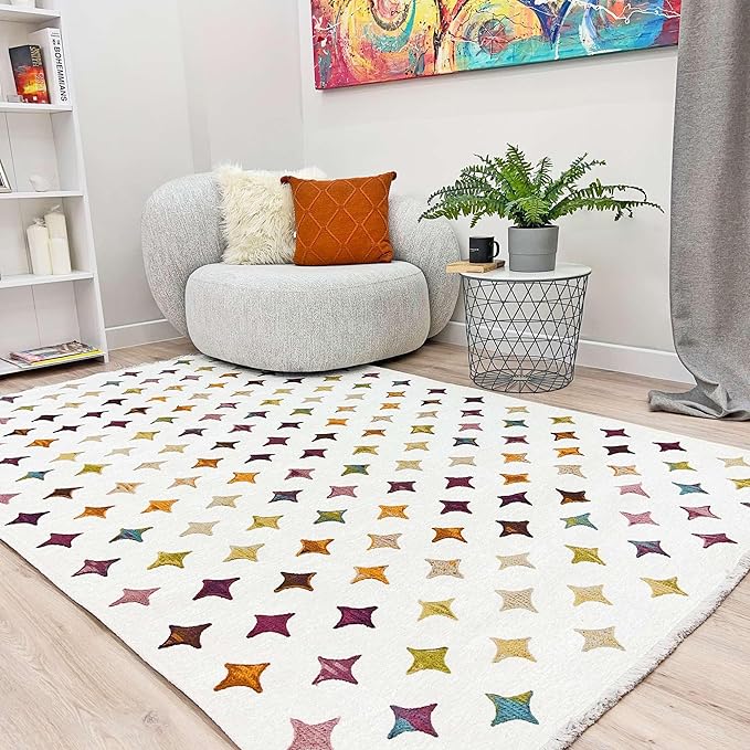 Alfa Rich 7x10 Moroccan White Area Rugs for Living Room Bedroom Decor Washable Cotton Pet Friendly