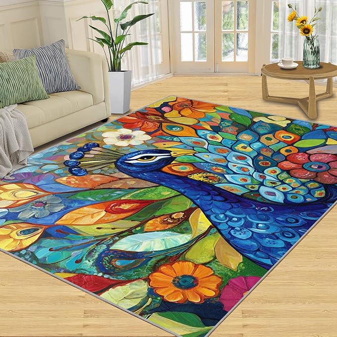 Boho Peacock Rug Large - 5x8 Rug, Colorful Peacock Washable Rugs for Living Room, Teal Turquoise Carpet, Modern Style Non-Slip Area Rugs for Bedroom, Aesthetics Carpet - Peafowl Home Decor & Gifts