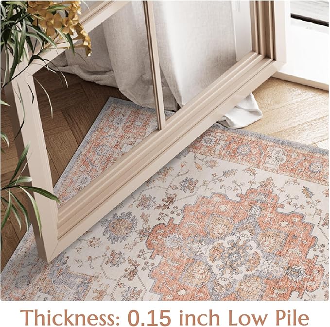jinchan Area Rug 5x7 Vintage Washable Bedroom Rug Floral Medallion Lightweight Non Slip Thin Retro Classic Soft Boho Floor Cover Farmhouse Carpet for Living Room Dining Room Kitchen Brick Red