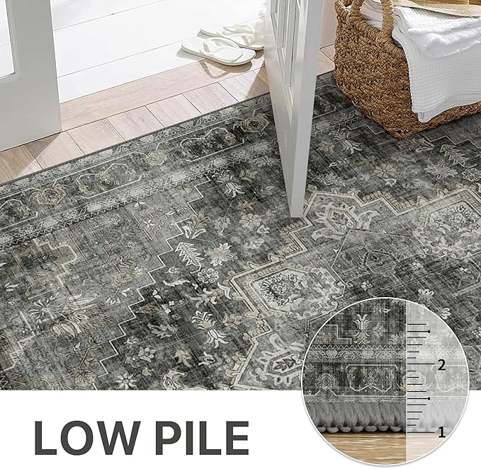 GENIMO 2'6"x8 Runner Rugs for Hallway, Machine Washable Non Slip Vintage Rugs, Low Pile Lightweight Soft Print Rug for enrtyway, Corridor, Home Office, Kitchen, Charcoal Gray