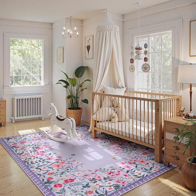Wonnitar Washable 4x6 Rug, Purple Rugs for Girls Bedroom, Soft Non-Slip Nursery Area Rug, Floral Rug Kids Room Low Pile Throw Carpet for Dorm Decor (Purple,4'x6')