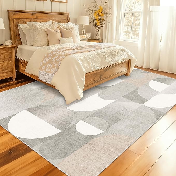 Large Grey Area Rugs 8x10 Washable Rug for Living Room Bedroom Dining Room,Modern Geometric Non Slip Beige Carpet
