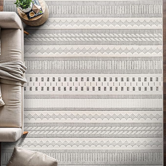 Beverly Rug Micro Loop Area Rug Gray/White 8x10 Geometric Modern Scandinavian Striped Durable Soft Indoor Rugs for Living Dining Room Office Stain Resistant Non Shedding Casual Indoor Carpet 8 x 10