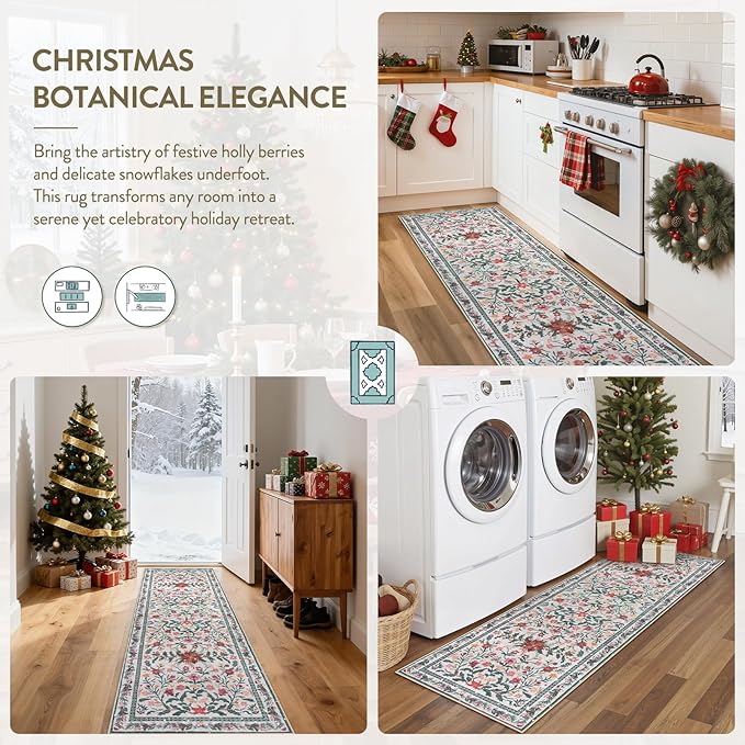Lahome Christmas Runner Rug for Hallway 2'6'' x 8', Christmas Kitchen Front Porch Decor Carpet Runners 8ft, Botanical Narrow Rugs for Long Front Porch Winter Greenery Holiday Decor