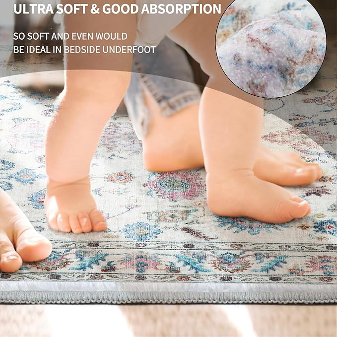 COMSLE Runner Rug, 2x6 Washable Area Rugs for Hallway Faux Wool Small Throw Rug Distressed Kitchen Non-Slip Laundry Room Carpet Boho Runner for Entryway Indoor Door Mat Bedroom Pink Floral