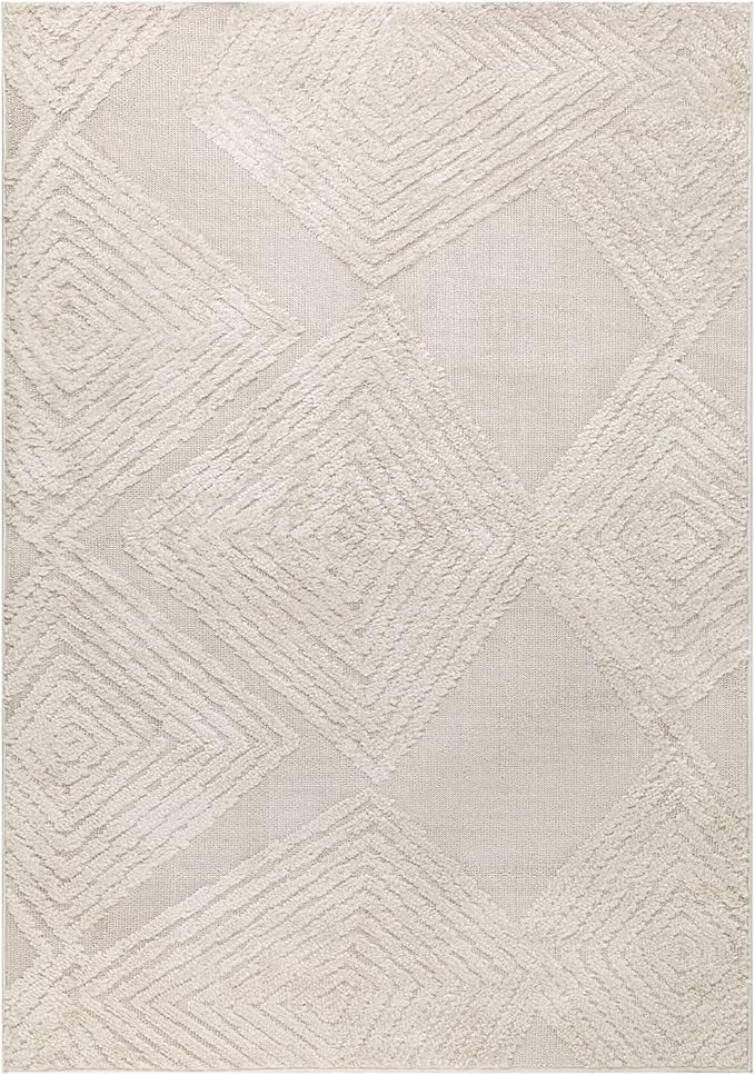 Antep Rugs Palafito 4x6 Geometric Shag Diamond High-Low Pile Textured Indoor Area Rug (Beige, 3'11" x 5'11")