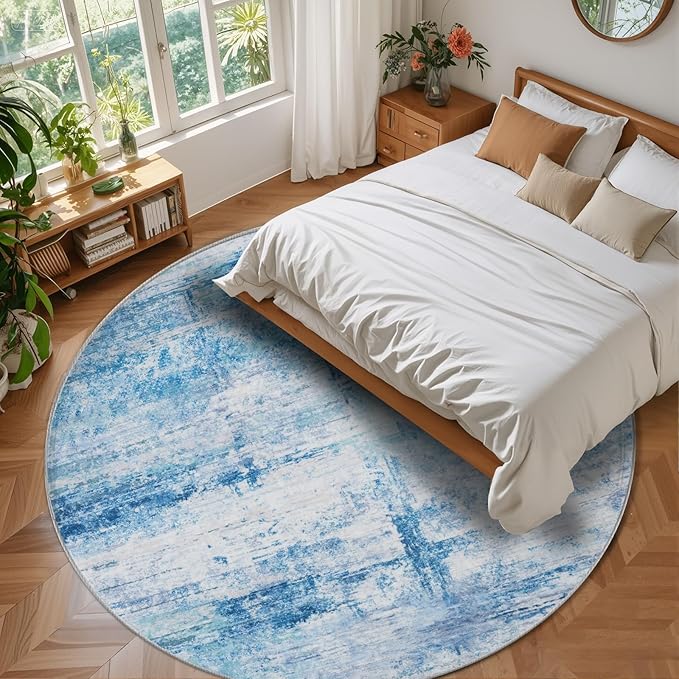 Round 6ft Area Rug Modern Abstract Washable Carpet for Living Room Bedroom Dining Room Home Office - Abstract Teal Grey