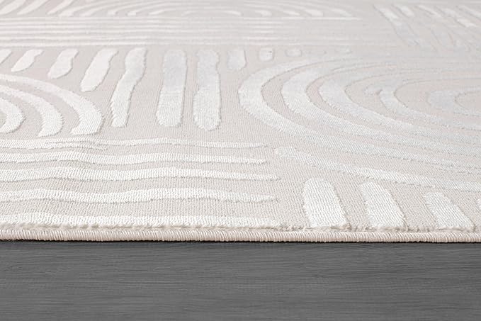 Beverly Rug Modern Geometric Area Rug 8x10 Low-High Pile Durable Soft Abstract Curved Indoor Rugs for Living Dining Room Office Stain Resistant Non Shedding Casual Indoor Carpet Beige White 8 x 10