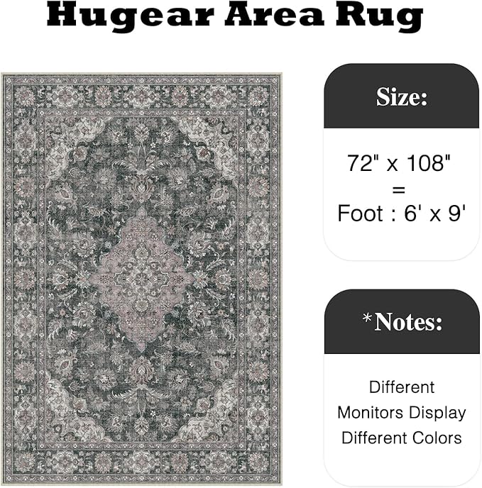 HUGEAR Retro Black Area Rug 6x9 Machine Washable Living Room Rugs Distressed Vintage Floral Low Pile Carpet Bedroom Office Dining Room Laundry Room Non Slip Soft Lightweight
