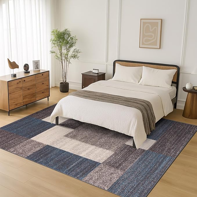 Rugshop Contemporary Blue Geometric Boxes Non-Slip Area Rug Non-Shedding for Living Room, Dining Room and Office, 5'3" x 7'3"