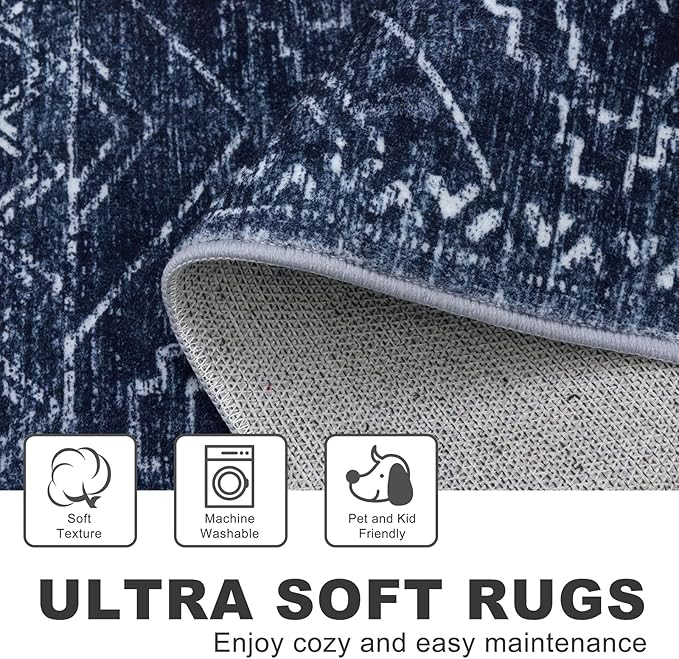 KILOCOCO Boho Entryway Rug 2x3 Printed Small Area Rug Indoor Door Mat Machine Washable Kitchen Rugs Super Soft Non Slip Throw Rugs for Bedroom Entrance Geometric Laundry Room, Dark Blue