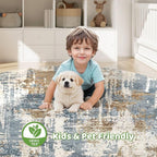 Round Rug Living Room Rugs: 10Ft Washable Circle Large Abstract Modern Soft Stain Resistant Non Slip Indoor Floor Carpet for Bedroom Nursery Office Dining Room Dorm Home House Decor- Tan Blue