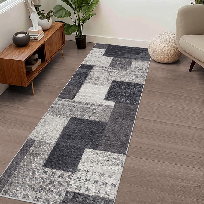 Modern Geometric Patchwork Indoor Runner Rug for Living Room, Charcoal 2.7'x 8' Rug Rockwood Collection Hardwood Floors Decor for Bedroom, Grey Throw Carpet for Office Entryway Dining Room