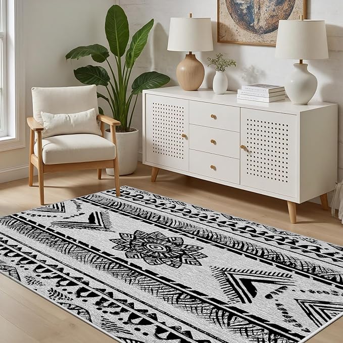 Area Rugs Moroccan for Living Room 6x8, Washable Non-Slip Boho Rug, Neutral Farmhouse Soft Carpet for Bedroom, Kitchen, Dining Room, Entryway, Geometric Print Tribal Carpets, Black and White