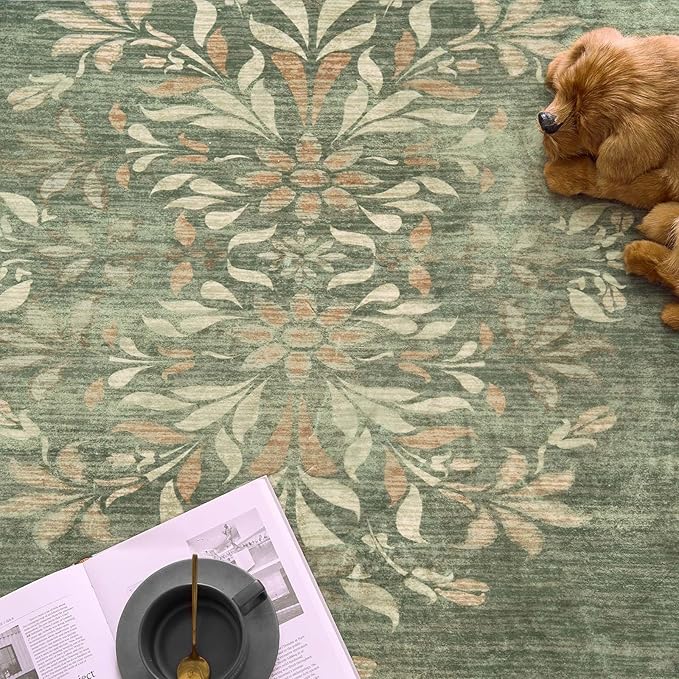 jinchan Round Rug 8ft Area Rugs,Vintage Floral Distressed Design Machine Washable Soft Non-Slip Low-Pile Ultra-Thin Circle Rug for Living Room Dining Room Bedroom Home Office (8' Round,Dark Green)
