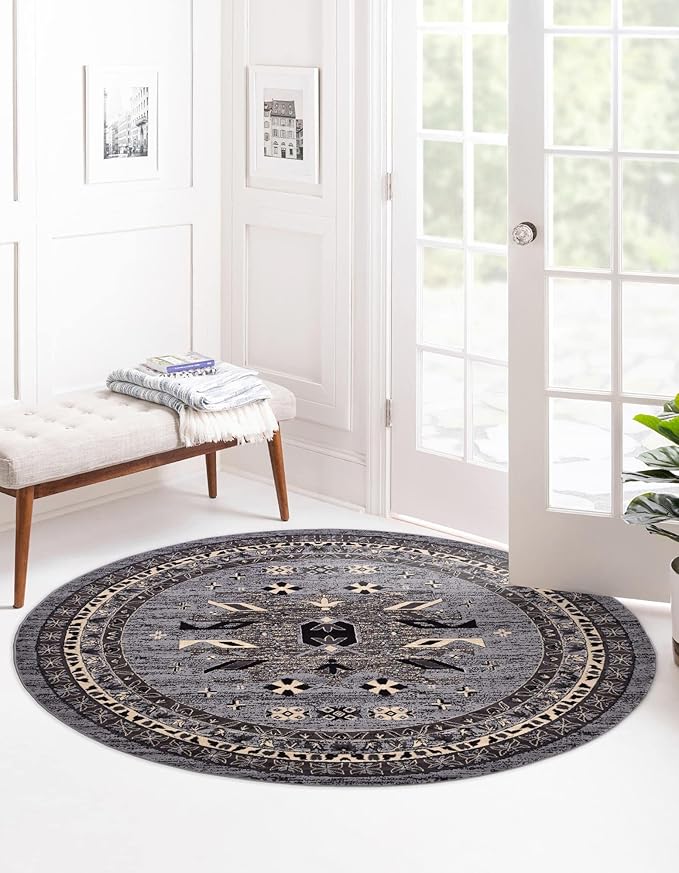 Unique Loom Taftan Collection Border Geometric Tribal Inspired Design Area Rug (8' 0 x 8' 0 Round, Gray/ Black)