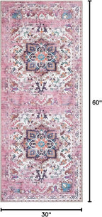 GLN Rugs Traditional Collection - Machine Washable Area Rug, Traditional Washable, Non Slip, Low Pile Chenille Rug, Living Room, Bedroom, Kitchen Rug (2'6" x 7' Pink/Multicolor)