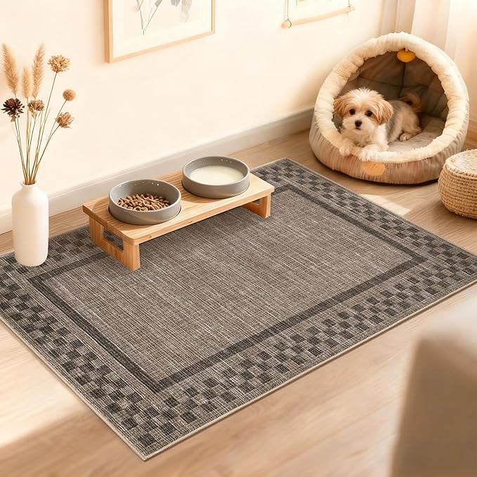 Small Area Rug 2x3 Modern Checkered Entry Rug Solid Color Scalloped Kitchen Rugs Washable Bedroom Doormat Non Slip Stain Resistant Bordered Throw Carpet for Living Room Nursery Laundry, Brown