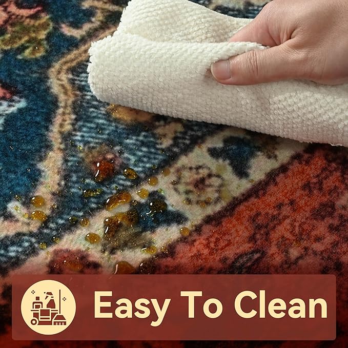 YJ.GWL Area Rugs for Living Room 6x9 Machine Washable Rugs, Non Slip Floral Vintage Rug Indoor Carpet, Stain Resistant Large Rug for Bedroom Dining Room, Orange-Red