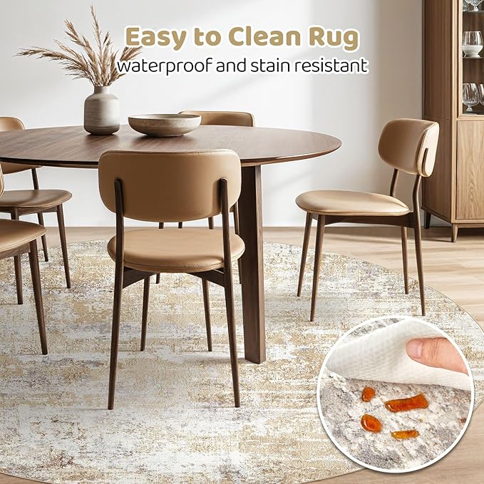 Round Rug Living Room Rugs: 10x10 Washable Circle Large Abstract Modern Soft Stain Resistant Non-Slip Indoor Floor Carpet for Bedroom Nursery Office Dining Room Playroom Home House Decor - Gray Gold