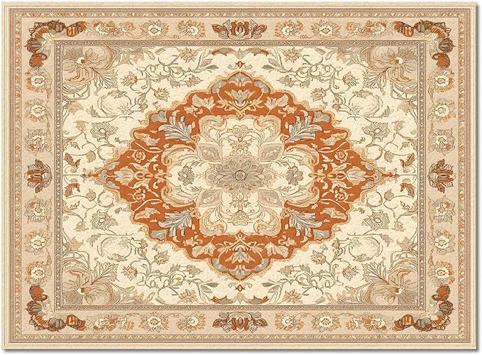 Orange Bohemian Rectangular Area Rugs for Living Room Bedroom 5 x 8 ft Vintage Farmhouse Floral Pattern Non-Shedding Soft Low Pile Rug Non Slip Washable Rug for Nursery Entryway Playroom
