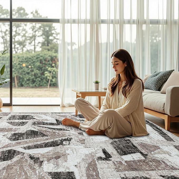 8X10 Area Rugs for Living Room Bedroom,Modern Abstract Large Carpet Washable Rugs 8x10 for Dining Room Office,Non Slip Gray Print Faux Wool Thin 8 by 10 Indoor Nursery Kids Home Pet & Child Friendly