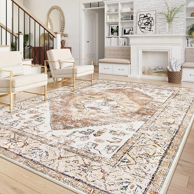 Lahome 9x12 Area Rugs for Living Room - Boho Non-Slip Washable Carpet Ultra-Thin Large Rug Lightweight Throw Foldable Dining Room Mat，Farmhouse Neutral Print Carpet for Bedroom Guest Room (Taupe)