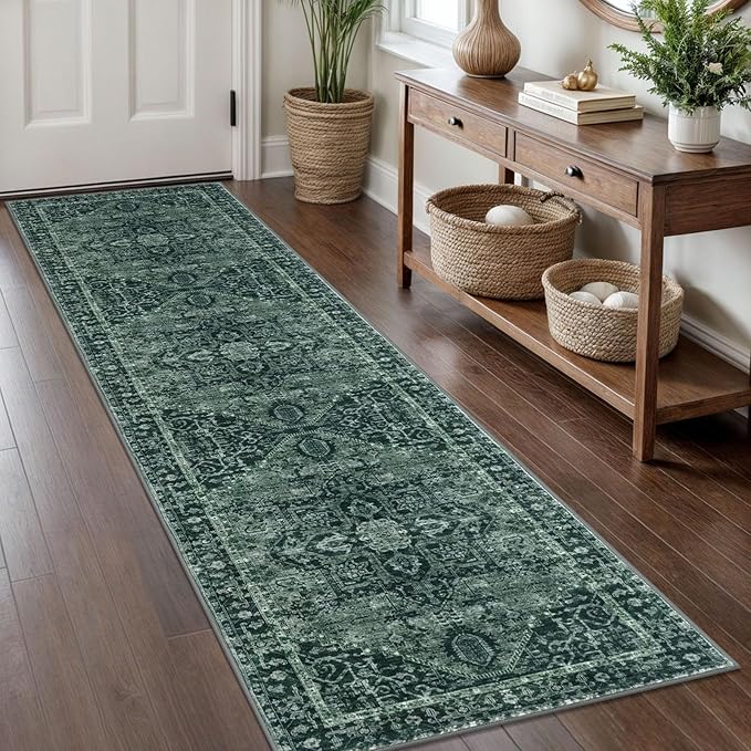 KOZYFLY Runners for Hallways 2x8 Ft Washable Kitchen Runner Rug Boho Entry Rug for Hallways Indoor Printed Faux Wool Long Floor Carpet for Entryway Bedroom Kitchen Hallway, Dark Green