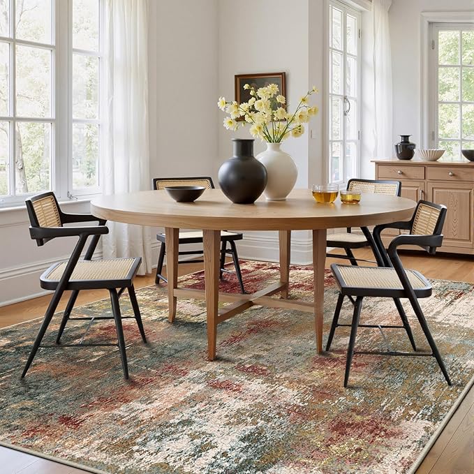 Washable Area Rugs 6'x8' Non-Slip Modern Abstract Soft for Living Room Entryway Bedroom Nursery, Print Pattern, Brown Rust Red Multi