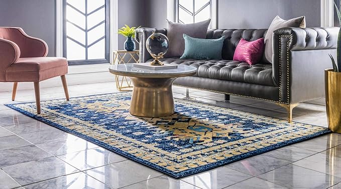 Unique Loom Taftan Collection Border Geometric Tribal Inspired Design Area Rug (9' 0 x 12' 0 Rectangular, Navy Blue/ Gold)
