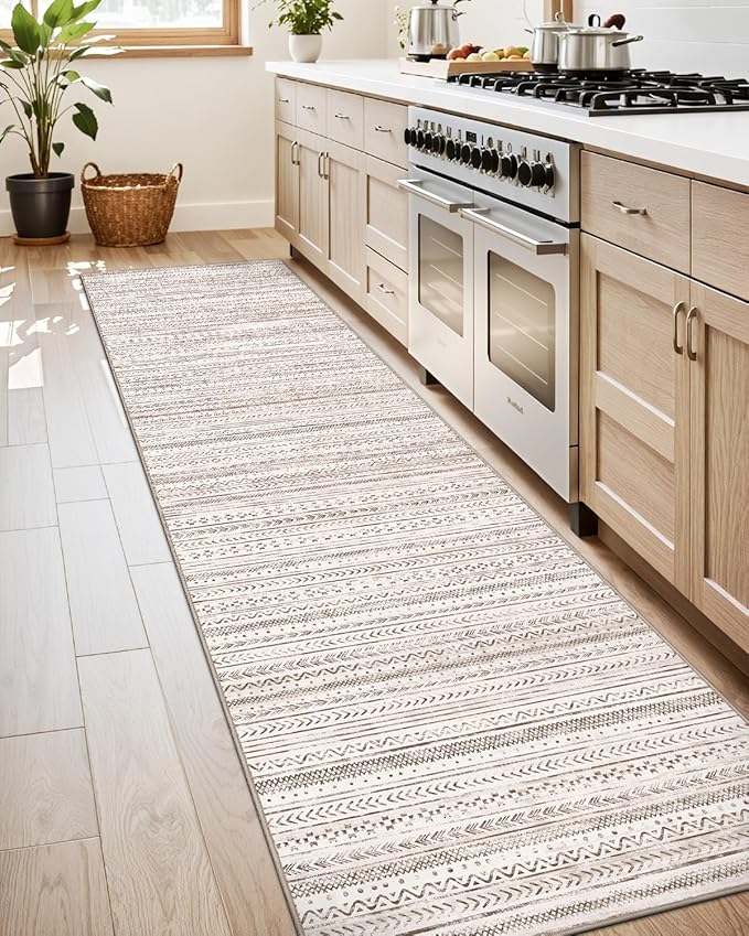 LUMI Washable Rug, 23x87 Kitchen Rugs for Entryway Bathroom, Non-Slip Indoor Door Mat Ultra-Thin, Small Oriental Throw Carpet for Bedroom Entry Office, White and Brown