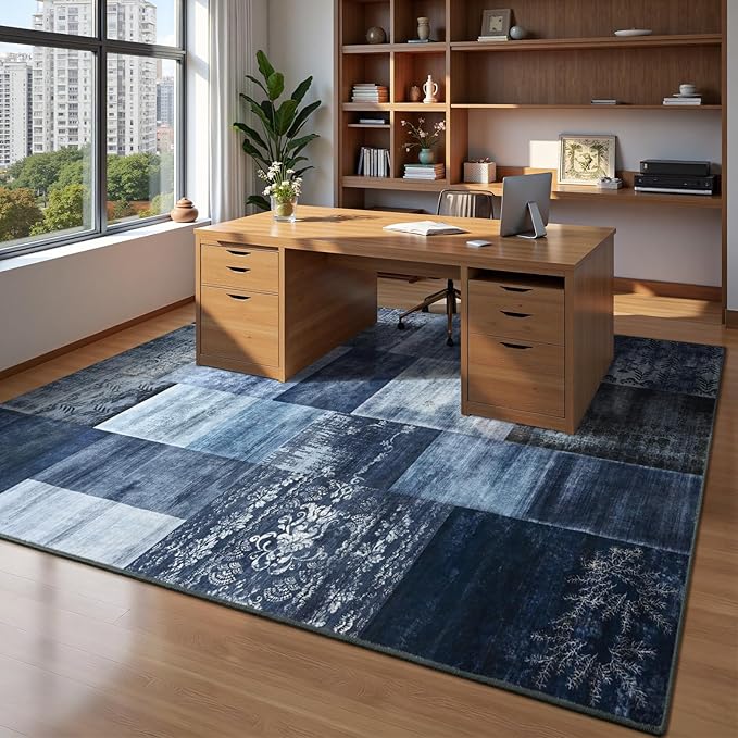 DweIke Washable Area Rugs for Living Room, 4x6 Soft Bedroom Rugs, Geometric Print Non-Slip Modern Rug, Stain Resistant Throw Carpets for Office Nursery Dining Room Home Dorm Decor, Navy Blue