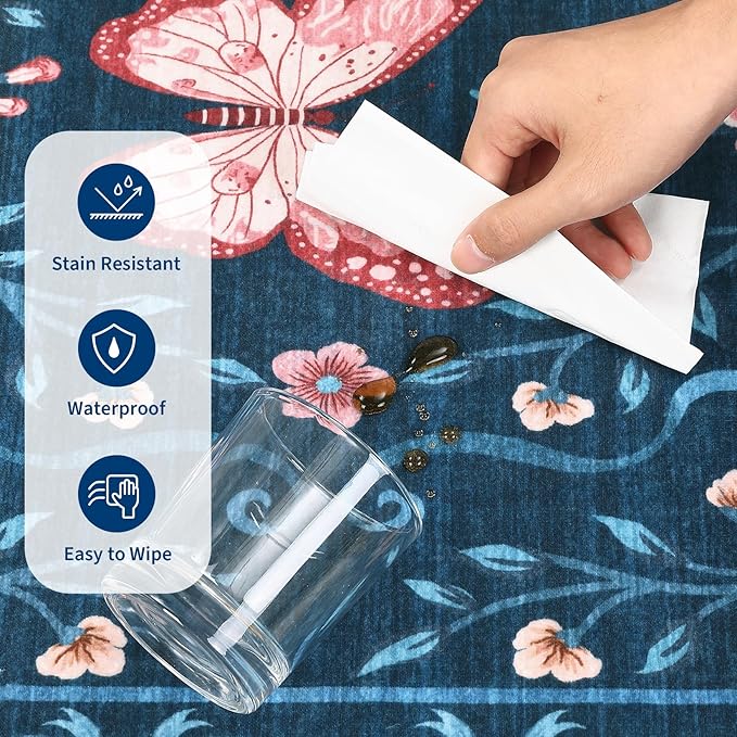GarveeHome Washable Floral Area Rug 5x7 for Living Room Non Slip Bedroom Rug Soft Stain Resistant Large Dining Room Throw Carpet Low Pile Blue Bow Rugs Butterfly Flower Carpet for Nursery Entry, 5x7