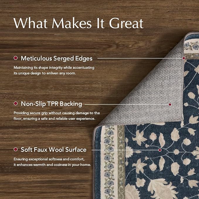 EVERGRACE Area Rugs for Living Room 4x6, Boho Floral Faux Wool Indoor Outdoor Rugs, Washable Rugs for Bedroom Entryway Dining Room Hallyway, Low Pile Floor Mat Carpet for Home Decor, Navy Blue