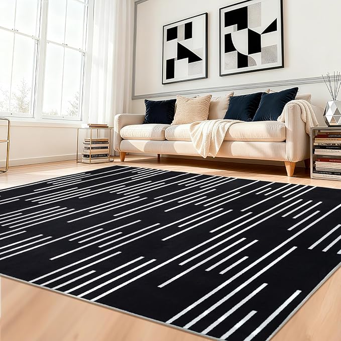 YIHOUSE Abstract Washable Rug 6x9,Ultra Thin Non Slip Black Rugs for Living Room,Modern Minimalist White Stripe Rugs for Bedroom,Dining Room Office Playroom (6'x9',Black-3)