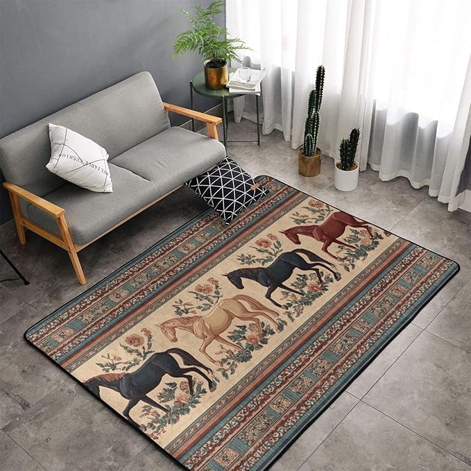 Horse Western Boho Ethnic Style Area Rug Washable Outdoor Rugs Anti-Slip Soft Carpet Entryway Indoor Door Mat for Bedroom,Living Room,Porch,Terrace and Entrance Decor 9'x 6'