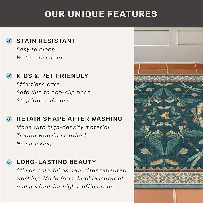 Wide Runner Rug for Hallway 2'6"x8' - Green Runner Rug for Kitchen, Hall Way, Washable Foldable Boho Insect Deor