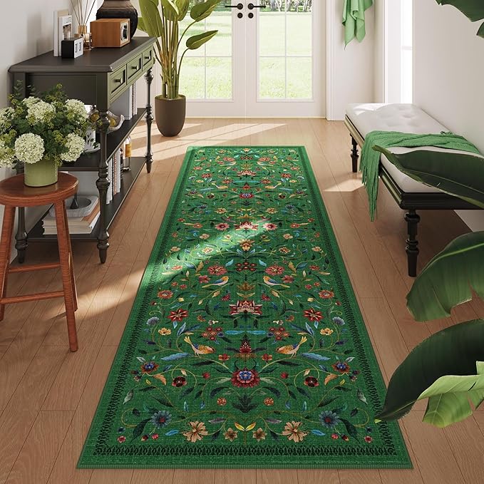 Vintage Medallion Floral Kitchen Runner 2x6, Machine Washable Rug, Soft Low Pile, Non-Slip Carpet for Hallways, Laundry, Bedroom, Bathroom, Entryway | Green
