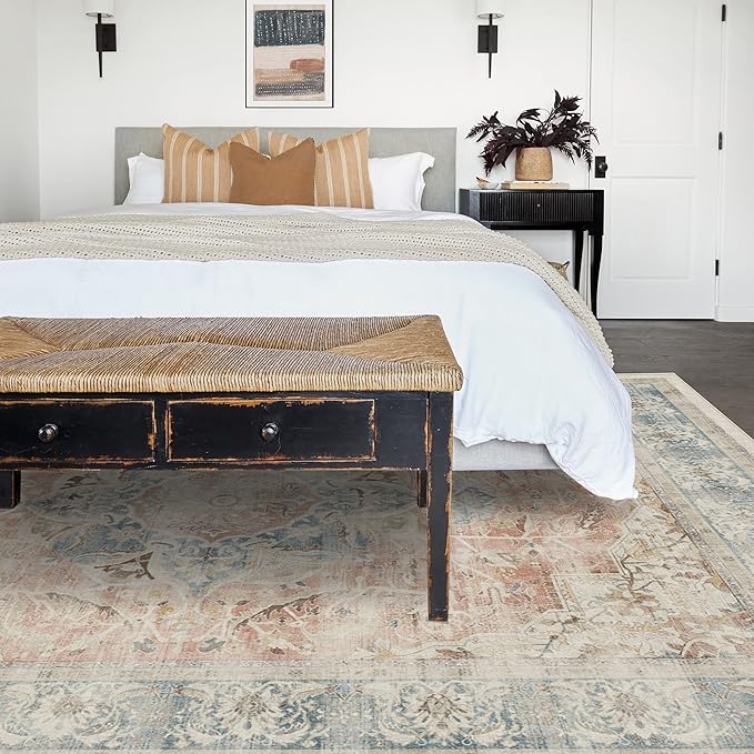 RUGGABLE Washable Vintage Area Rug – Sarrah Coral 9x12, Stain-Resistant, Non-Slip – Large Machine Washable Rugs for Living Room, Bedroom, Hallway, Entryway & Office–with Cushioned Pad