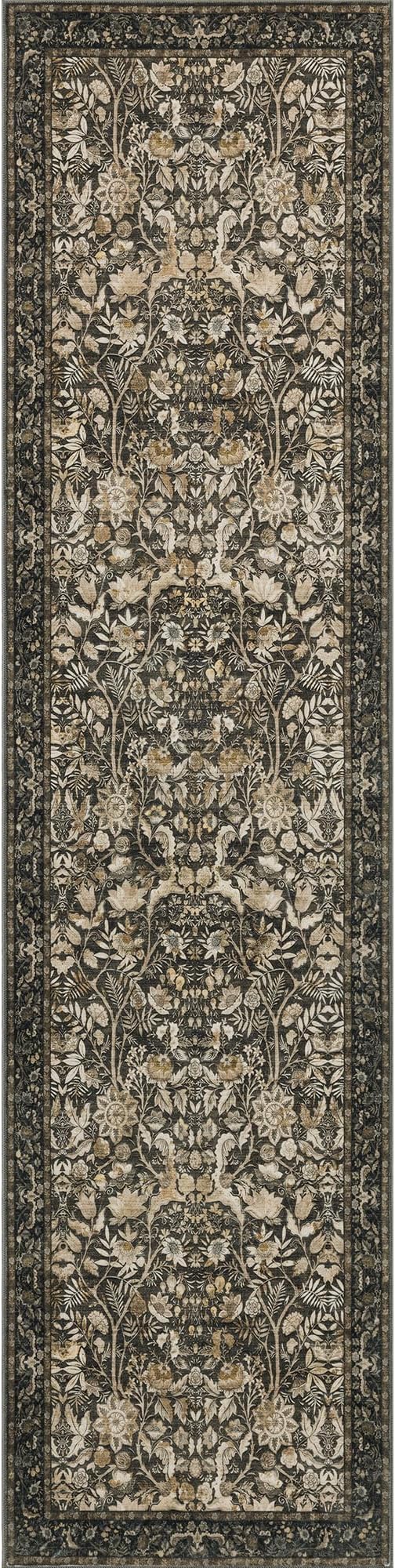 Washable Runner Rug 2x8: Vintage Boho Floral Carpet Runners for Hallway Entryway Non-Slip - Soft Botanical Low Pile Thin Mat for Kitchen Bathroom Bedroom Laundry Floor Decor - Dark Brown