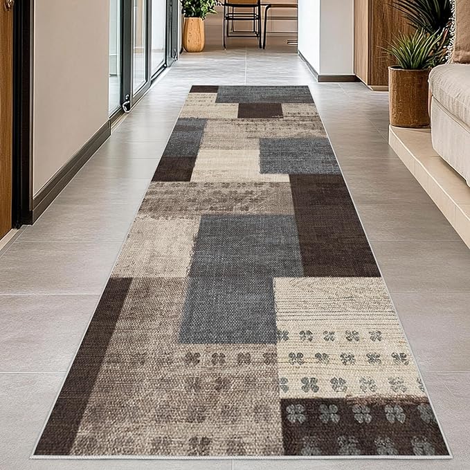 Modern Geometric Patchwork Indoor Runner Rug for Living Room, Blue-Taupe 2'x 6' Rug Rockwood Collection Hardwood Floors Decor for Bedroom, Blue Throw Carpet for Office Entryway Dining Room