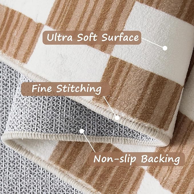 jinchan Runner Rug 2x5 Hallway Washable Modern Checkered Geometric Lattice Kids Bedroom Rug Indoor Floor Cover Non Slip Soft Carpet for Nursery Room Kitchen Laundry Room Home Brown