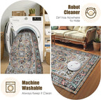 Washable Area Rug 8' x 10' Vintage Traditional Persian Mat - Foldable Distressed Non-Slip Machine Washable Carpet for Living Room Bedroom Kitchen Home Decor - Slate and Multicolor
